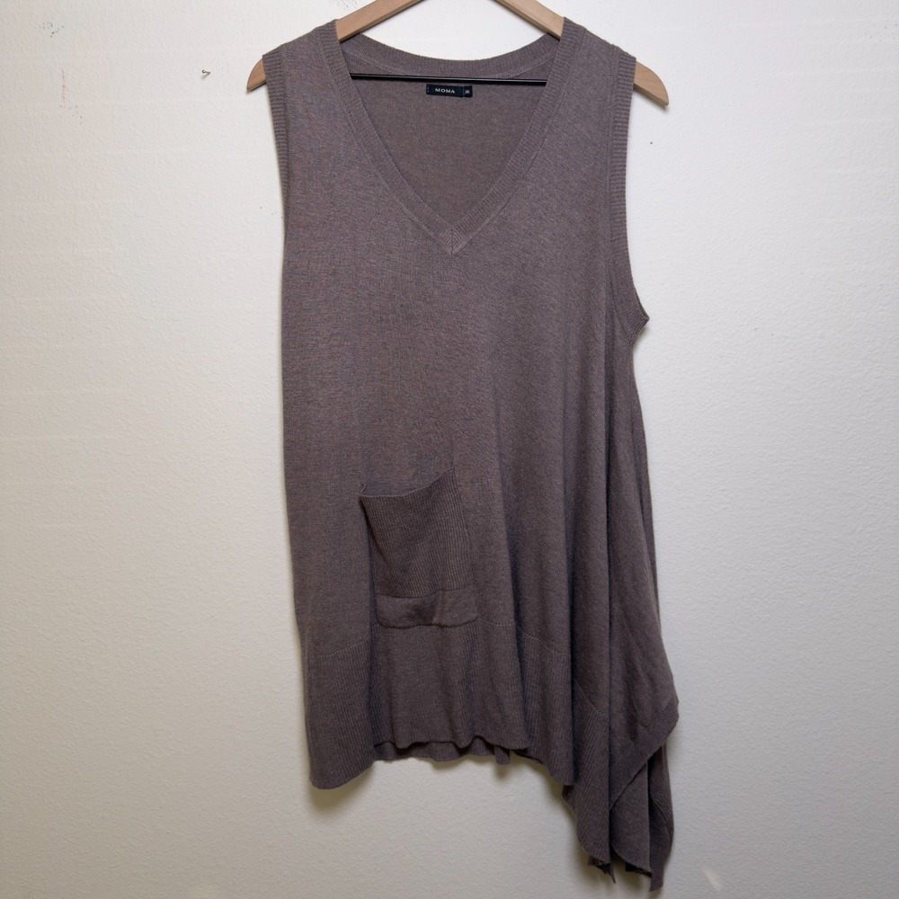 Moma Women Asymmetrical‎ Sweater 8 Brown Academia Preppy Lagenlook Pocket V-Neck
